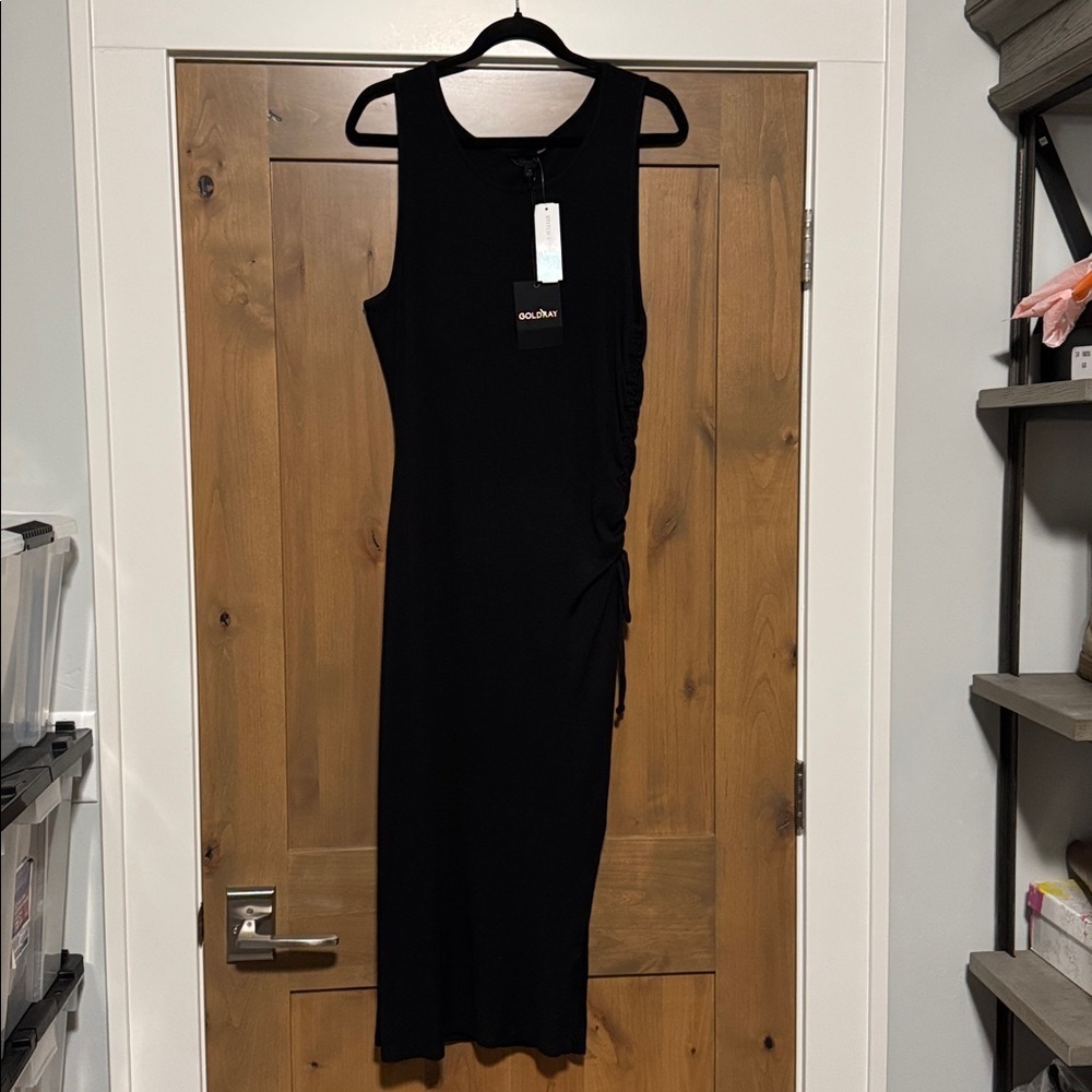 NWT GOLDRAY Rosalee Ribbed Midi Dress Womens XL Tie Side Rouched Bodycon Black